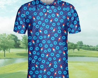 Popsicle and Donut Polo Shirt for Men Women, Fun Food Pattern Shirt, 4th of July Golf Polo, Independence Day Polo Shirt