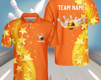 May include: Orange bowling-themed polo shirt with a bowling pin and ball graphic, stars, and the text "TEAM NAME" and "YOUR NAME".