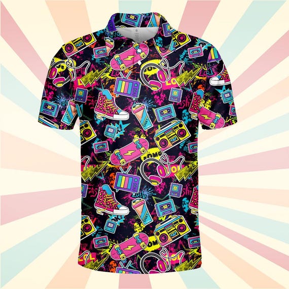 Retro 80s Pop Art Polo Shirt for Men Women, Neon Cassette