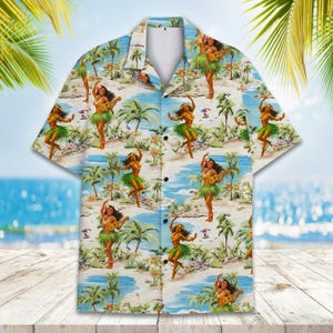 Vintage Hula Girl Hawaiian Shirt Men Women Youth,  Retro Luau Beach Party Shirt Button Down, Aloha Summer Shirt for Tiki Lovers Gift