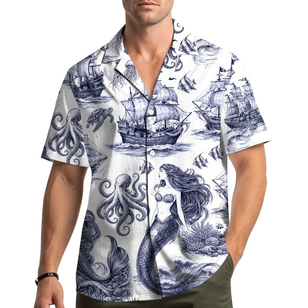 Mermaid and Octopus Vintage Nautical Hawaiian Shirt, Sea Map Octopus ...