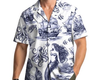 Mermaid and octopus Vintage Nautical Hawaiian Shirt, Sea Map Octopus Pirate Shirt for Men Women Youth, Ocean Fantasy Gift Aloha Shirt
