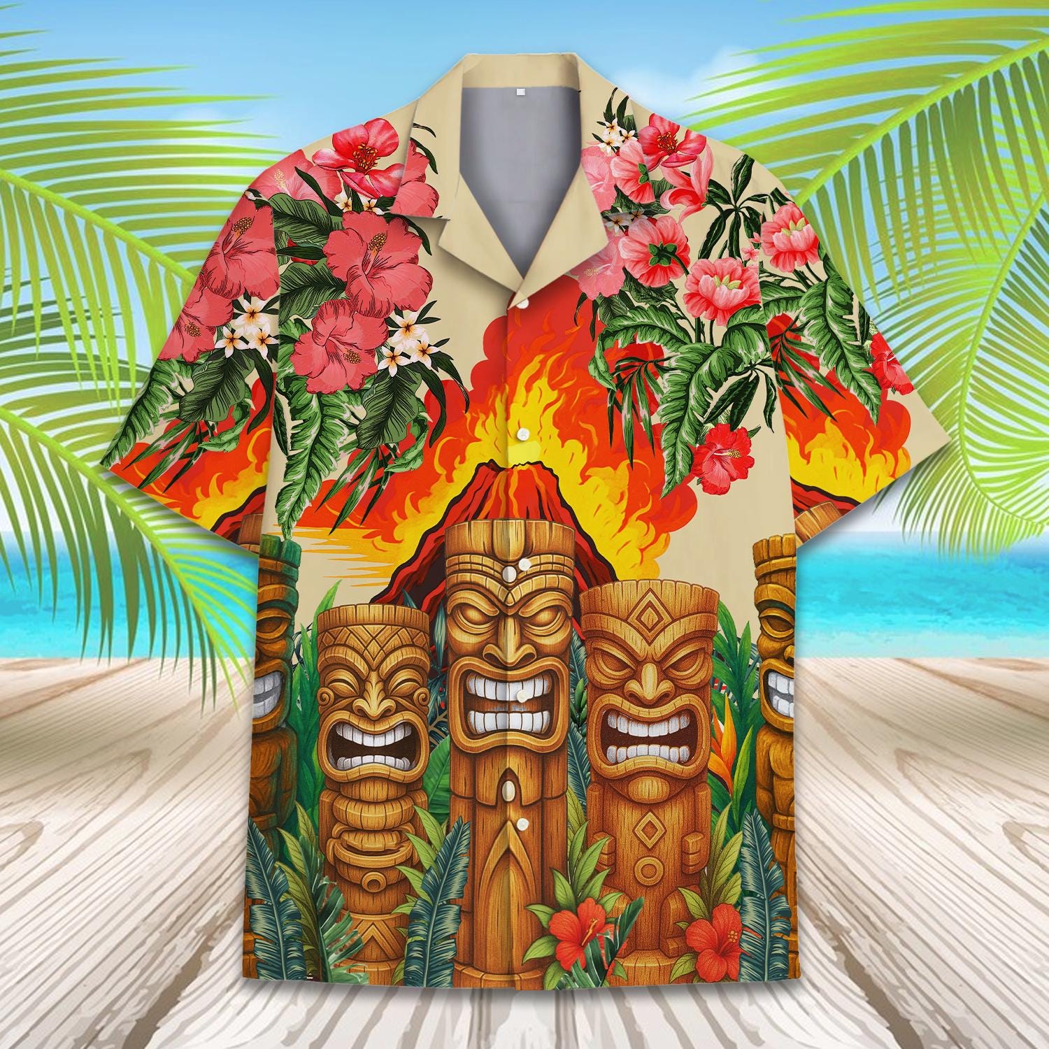 Tropical Tiki Volcano Hawaiian Shirt for Men Women Youth, Colorful