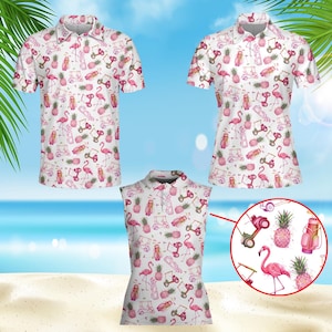 May include: Three white golf shirts with a pink flamingo, golf cart, pineapple, and golf bag pattern. The shirts include a short-sleeve polo, a sleeveless polo, and a short-sleeve polo.