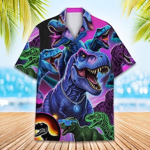 Funny Neon Dinosaur Hawaiian Shirt for Men Women Youth, T-Rex 80s Retro Party Shirt, Jurassic Summer Aloha Button Down Short Sleeve Shirt