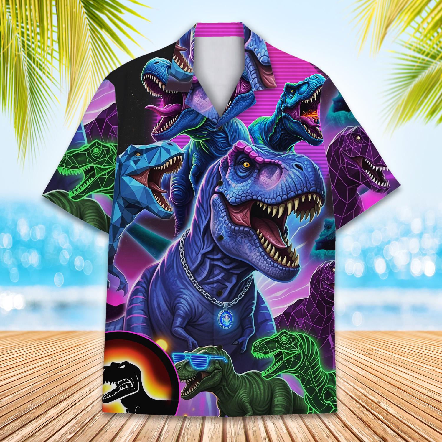 Funny Neon Dinosaur Hawaiian Shirt for Men Women Youth, T-rex 80s