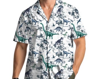 Dinosaur Hawaiian Shirt for Men Women Youth, Vintage Jurassic T-Rex & Brontosaurus Print, Prehistoric Tropical Shirt Button Down