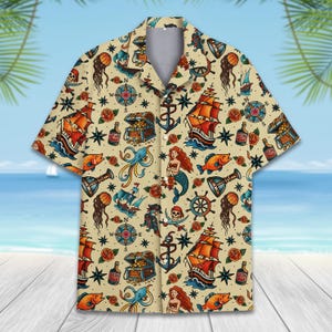 Piraten Hawaii Hemd für Männer Frauen Jugend, lustiges Piraten Shirt mit Meerjungfrauen, Nautische Kreuzfahrt Party Geschenk, Pirat Button Down Kurzarm