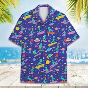 Camisa hawaiana divertida de extraterrestre para hombres, mujeres y jóvenes, camisa de surf con OVNI para vacaciones en la playa, camisa hawaiana con botones de galaxia espacial, regalo de verano de ciencia ficción.