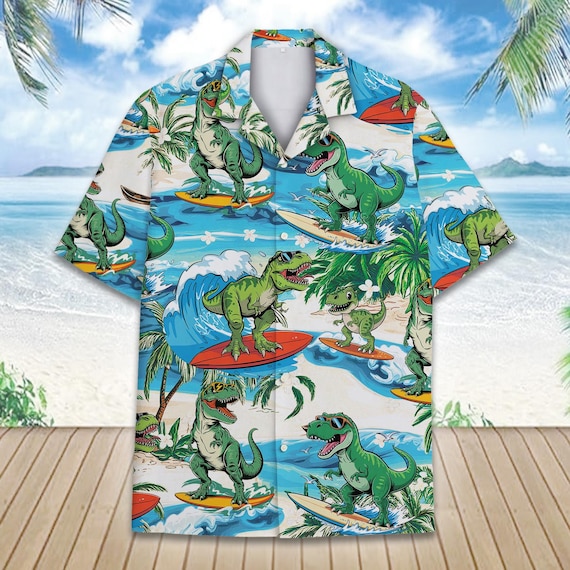 Tropical Dinosaur Surfing Hawaiian Shirt for Men Women Youth