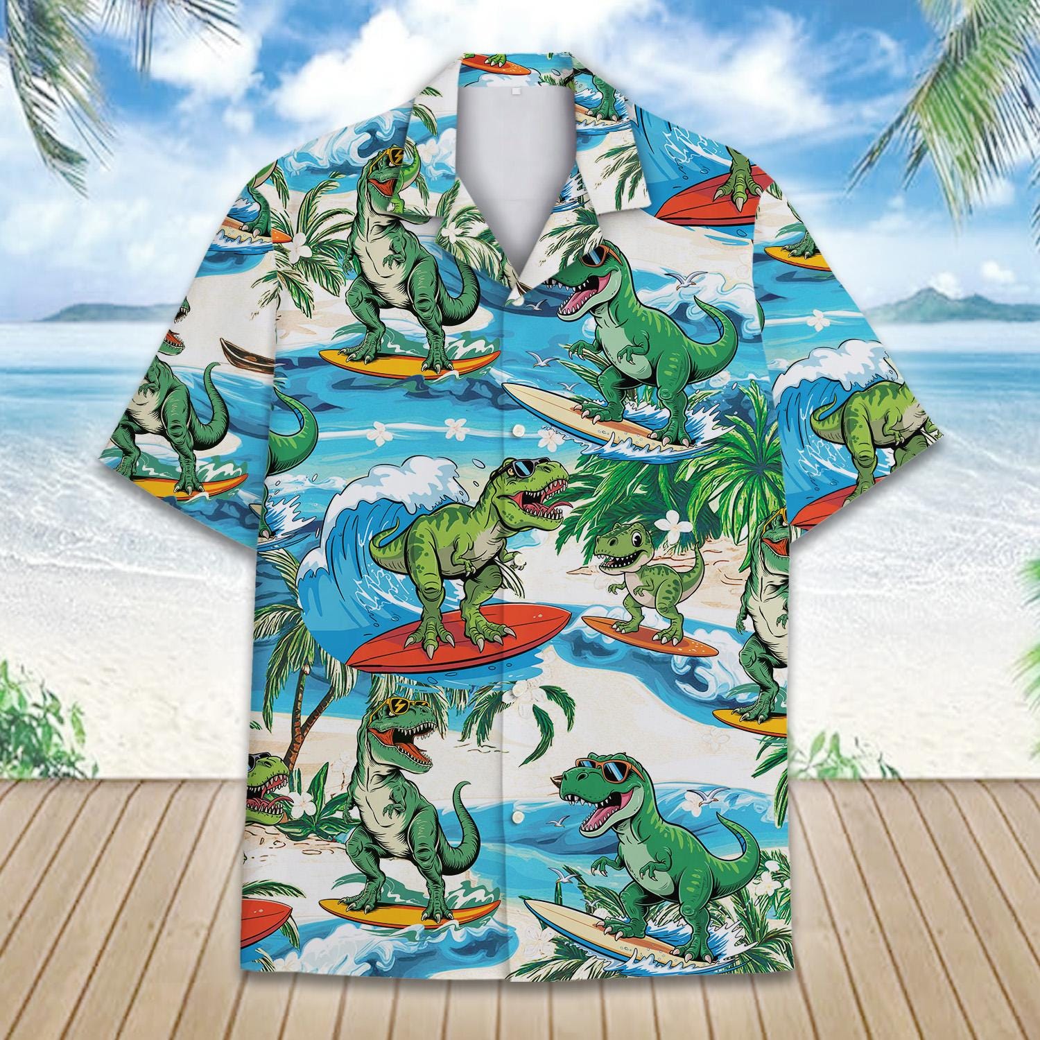 Tropical Dinosaur Surfing Hawaiian Shirt for Men Women Youth