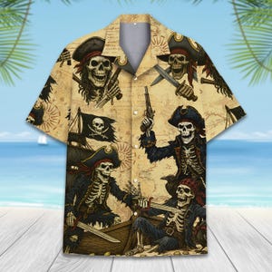 Piraten Hawaiihemd für Männer Frauen Jugend, Lustiges Skelett, Bier & Schatzkarte Shirt, Tropisches Kurzarm Aloha Party Shirt