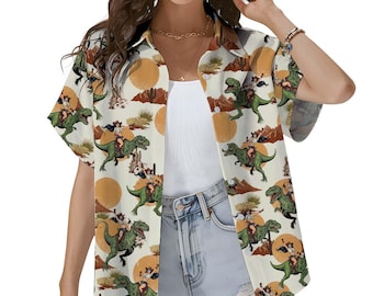 Funny Cowgirl Riding Dinosaur Hawaiian Shirt Women, Western Rodeo T-Rex Button Down Shirt Short Sleeve, Gift for Her