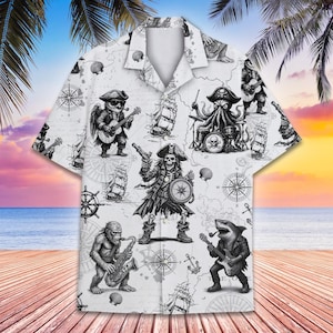 Big Foot Pirate Band Hawaii Hemd für Männer Frauen Jugend, Lustige Seekarte Shirt, Retro Skelett und Hai Kurzarm Sommer Button Down