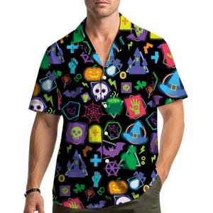 Neon Halloween Icons Hawaiian Shirt Men Women Youth, Funny Glow Halloween Symbols Shirt, Spooky Pumpkin Skull Bat Witch Hat Button Up Shirt