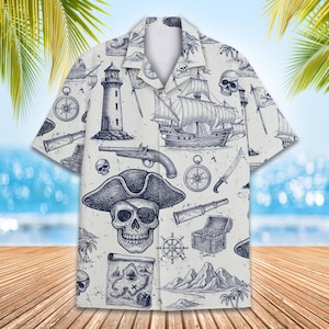 Pirate Skull Hawaiian Shirt Men Women Youth, Vintage Lighthouse Nautical Shirt, Treasure Map Shirt, Pirate Shirt Button Down Short Sleeve