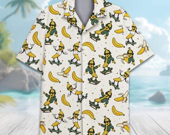 Grappig banaan skateboard Hawaiiaans shirt voor mannen vrouwen jeugd, tropisch fruit zomer Aloha shirt, tropisch strandfeest button-down shirt