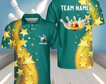 May include: Green bowling jersey with gold stars and a bowling ball graphic. The jersey has a collar and short sleeves. The text "TEAM NAME" is printed on the back of the jersey.