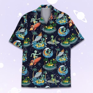 Camisa hawaiana divertida de extraterrestre para hombres, mujeres y jóvenes, camisa de surf con OVNI para vacaciones en la playa, camisa hawaiana con botones de galaxia espacial, regalo de verano de ciencia ficción.