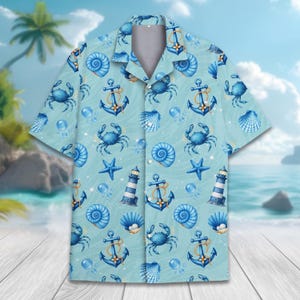 Nautical Crab and Anchor Hawaiian Shirt Men Women Youth, Summer Ocean Beach Shirt, Coastal Vacation Short Sleeve Button Down
