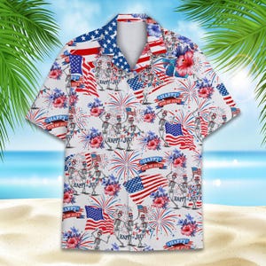 May include: White button-up shirt with a red, white, and blue patriotic print. The print features skeletons wearing Uncle Sam hats, fireworks, and the words "Happy 4th of July".