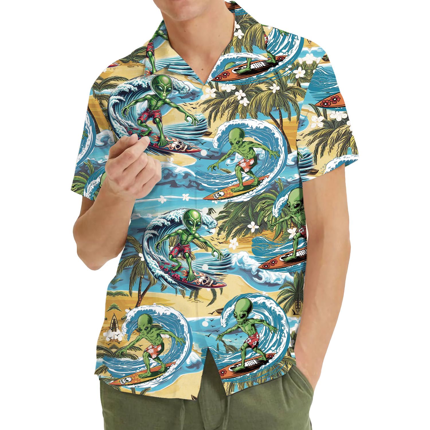 Men's Hawaiian Shirt – Short Sleeve Aloha Shirt With Fun Alien Print, Quick-Dry & Lightweight For Summer - View #7