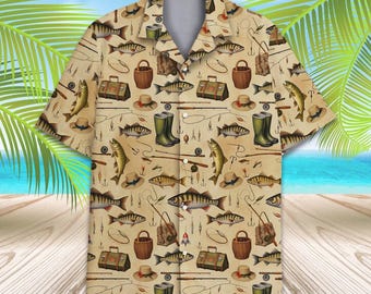 Vintage vissen Hawaiiaans shirt mannen vrouwen jeugd, visser Aloha shirt, vissen button-down shirt met korte mouw, zomer vissen cadeau
