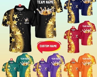 May include: A collection of bowling-themed polo shirts in various colors, including black, navy, red, orange, purple, and teal. Each shirt features a star and bowling pin design with the option for a custom name.
