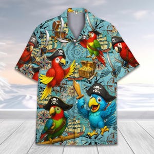 Piraten Papagei Hawaiihemd Männer Frauen Jugend, lustige tropische Schatzkarte Shirt, Nautische Aloha Shirt Button Down Kurzarm
