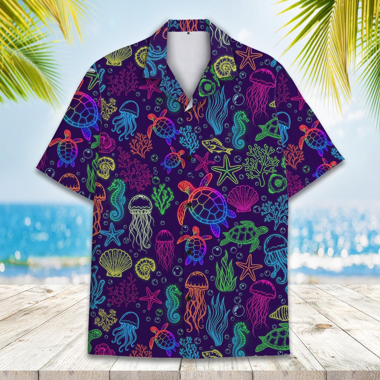 Ocean Animal Hawaiian Shirt Men Women Youth, Neon Marine Life Shirt, Tropical Sea Life Summer Shirt, Beach Vacation Button Down