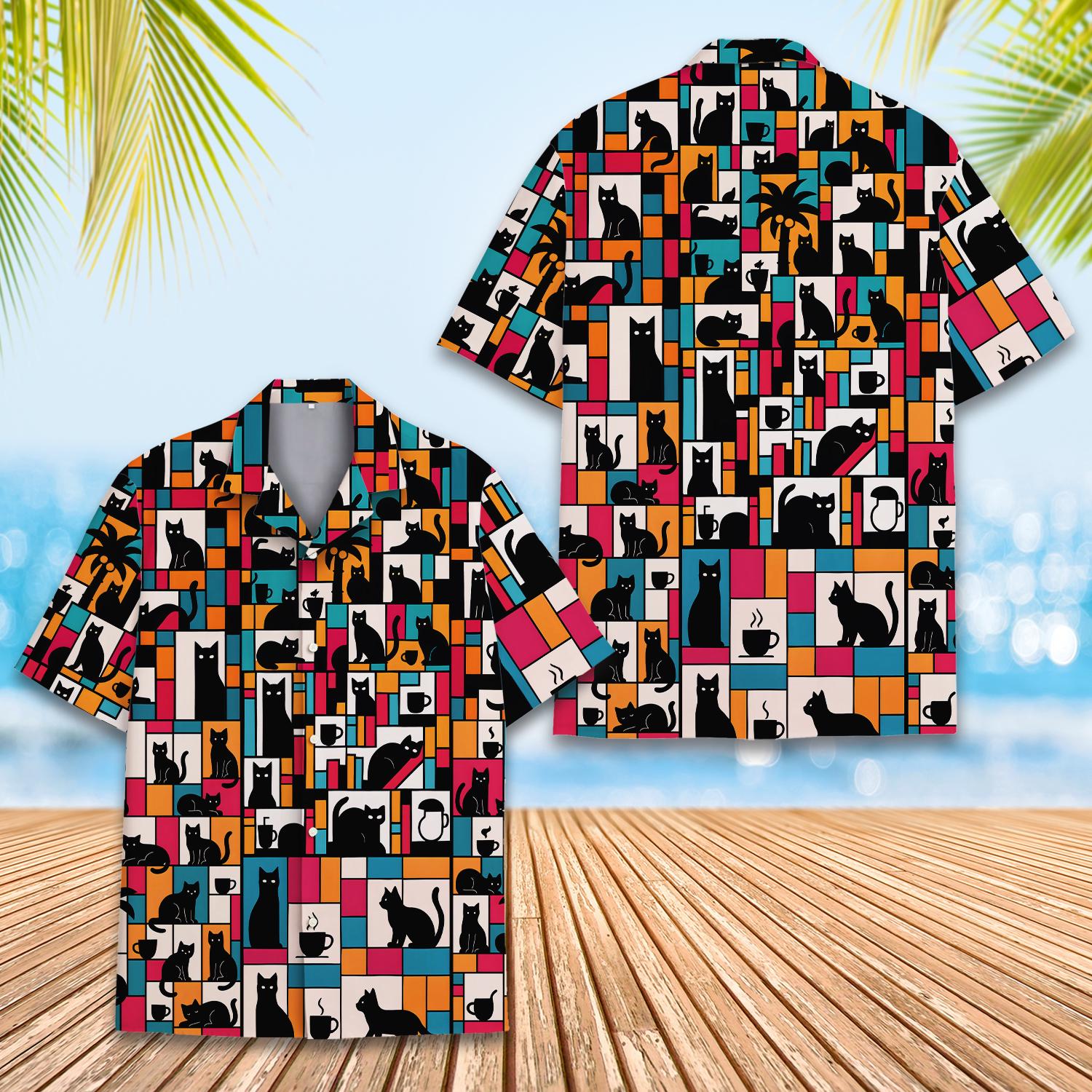Retro Cat Hawaiian Shirt Men Women Youth, Colorful Coffee and Cat