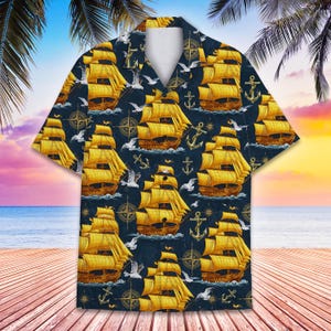 Vintage Pirate Ship Hawaiian Shirt for Men Women Youth, Nautical Shirt Button Up, Ocean Sailing Boat Aloha Shirt, Sea Captain Cruise Outfit