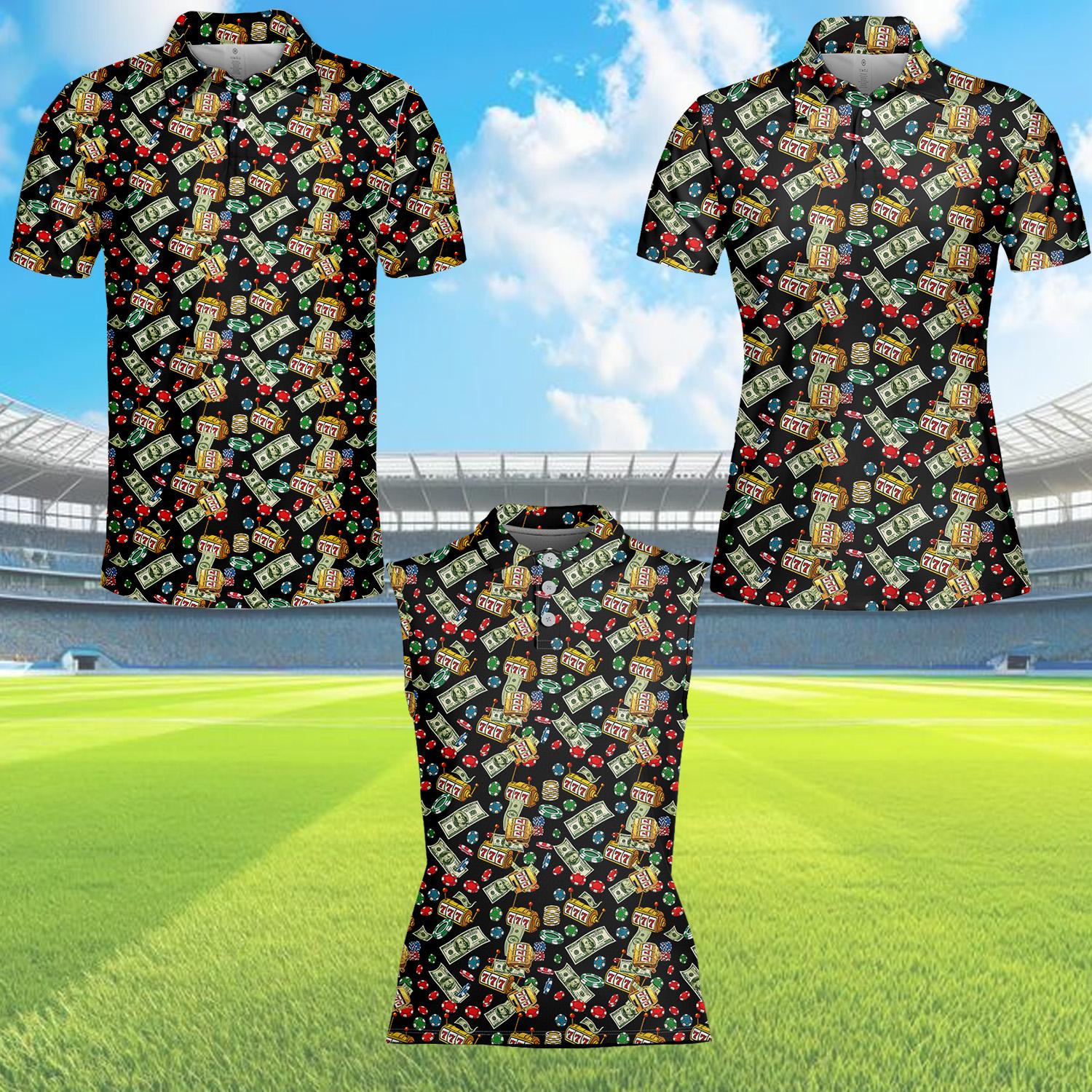 Casino Money Polo Shirt for Men Women, Slot Machine Gambling Print Shirt, Dollar Bills Vegas Party Outfit, Lucky Casino Shirt Button Up