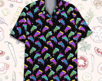 Camisa hawaiana de pizza neón para hombre, mujer y joven, divertida camisa aloha de comida espacial, camisa psicodélica de pizza galáctica de manga corta con botones, camisa para amantes de la pizza.