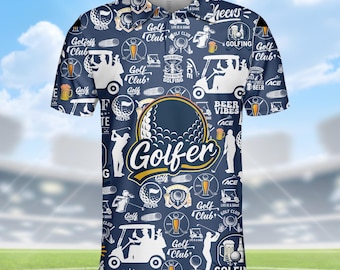 Golf Polo Shirt for Men Women, Funny Golfer Print Polo with Beer and Golf Cart Pattern, Summer Golf Tournament Outfit