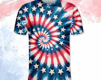 Polo patriotique tie-dye pour homme femme, chemise de golf 4 juillet boutonnée à manches courtes, tenue de la fête de l'indépendance des États-Unis, cadeau polo d'été