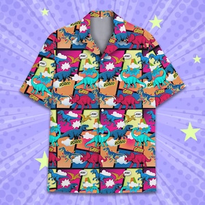 Colorful Dinosaur Hawaiian Shirt for Men Women Youth, Dino Comic Shirt, Prehistoric Aloha Shirt Button Down Short Sleeve, Dino Lovers Gift