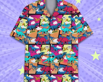 Colorful Dinosaur Hawaiian Shirt for Men Women Youth, Dino Comic Shirt, Prehistoric Aloha Shirt Button Down Short Sleeve, Dino Lovers Gift