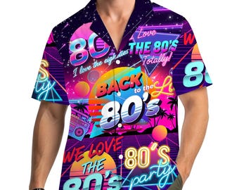 Camisa hawaiana retro de los 80 para hombre, mujer y joven, camisa vintage neón con botones, camisa de fiesta disco divertida, top colorido para vacaciones de verano estilo años 80