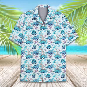 Funny Dinosaur Hawaiian Shirt for Men Women Youth, Cute Blue Dino Tropical Vacation Button Down, Summer Beach Jurassic Shirt