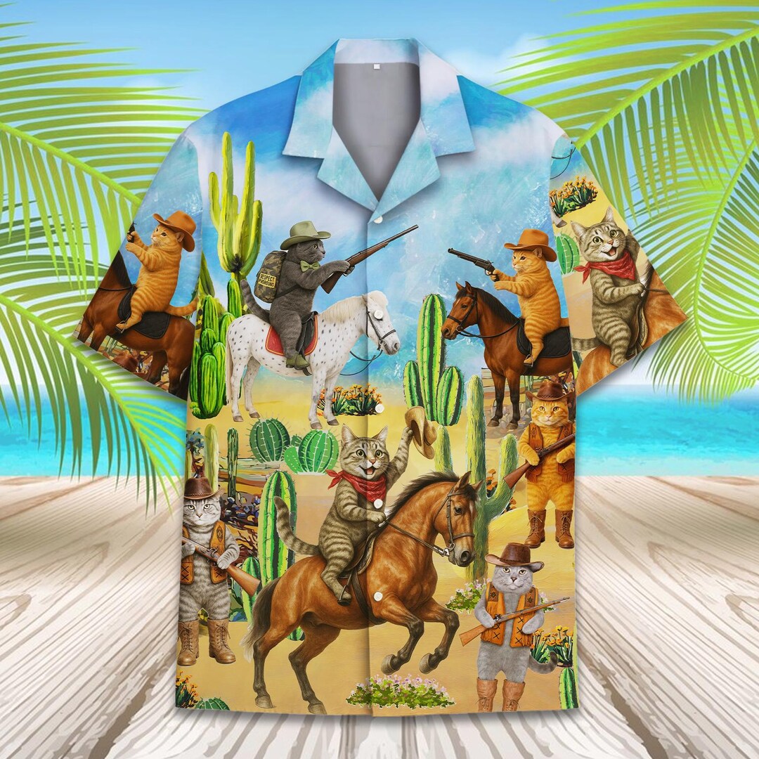 Western Cowboy Cat Hawaiian Shirt for Men Women Youth, Vintage
