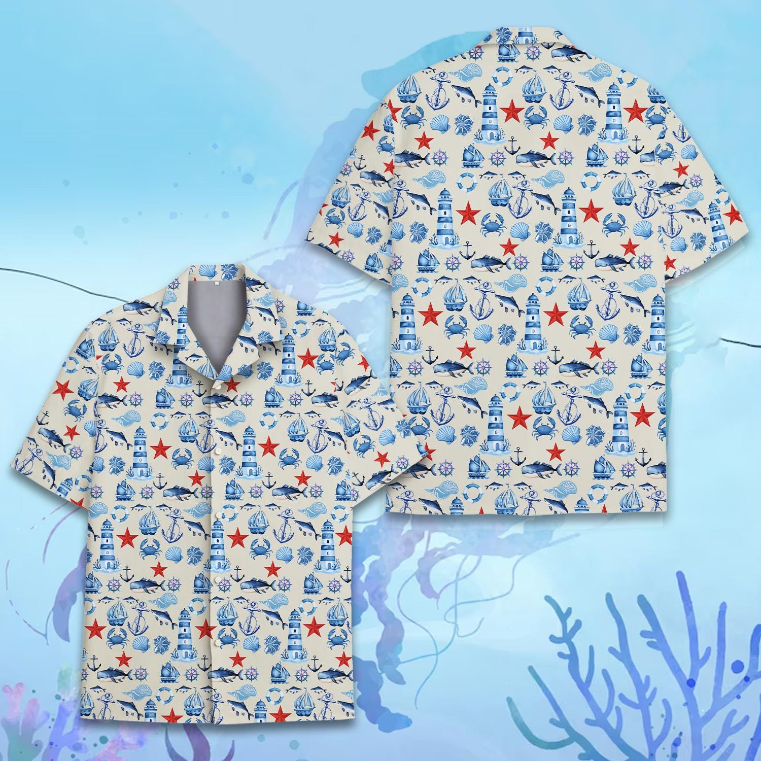 Discover Nautical Hawaiian Shirt Men Women Youth, Summer Casual Short Sleeve Button Down, Coastal Maritime Style Shirt