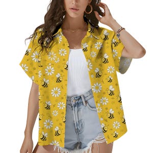 Jolie chemise hawaïenne bourdon pour femme, chemise de vacances d'été à la plage, haut boutonné à motif de fleurs jaune vif