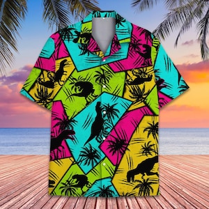 Neon Dinosaur Hawaiian Shirt Men Women Youth, Colorful Retro Dino Aloha Shirt Short Sleeve, Jurassic Party Summer Button Down Shirt