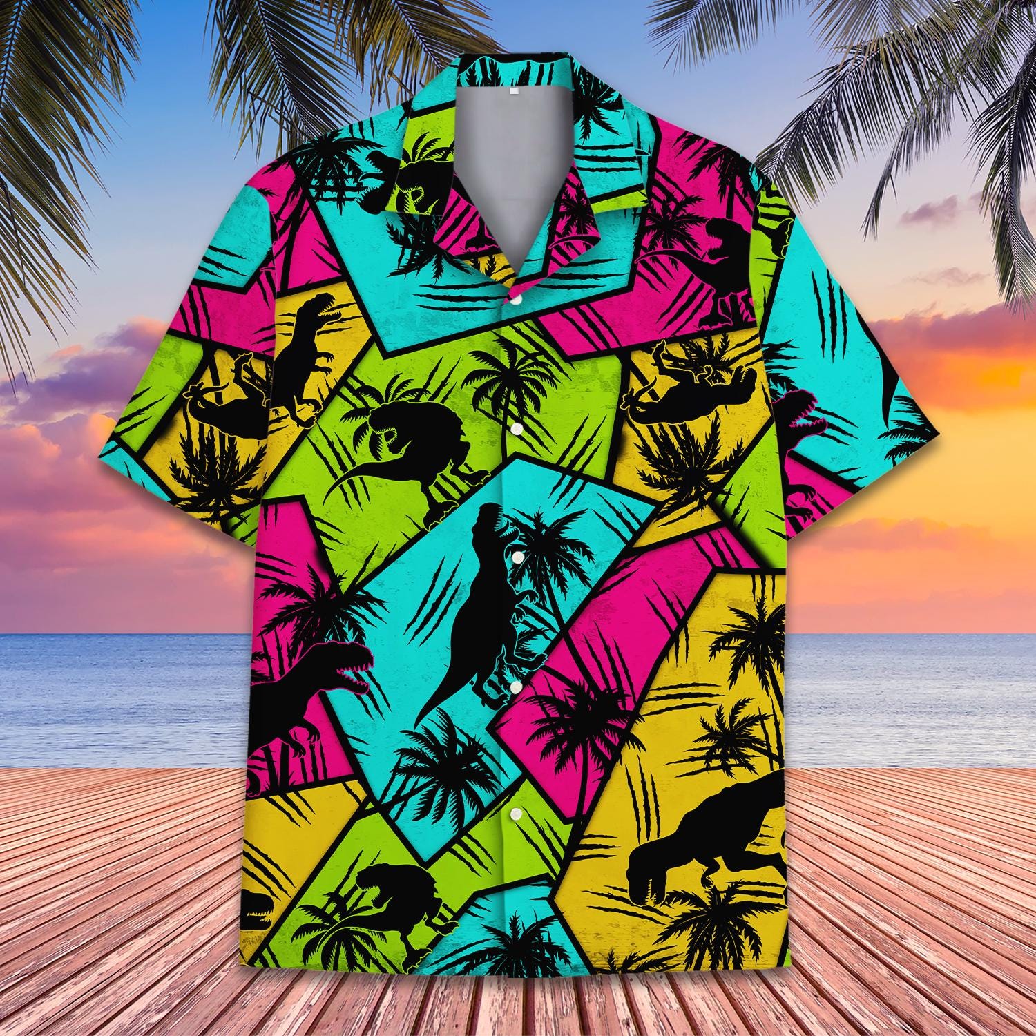 Neon Dinosaur Hawaiian Shirt Men Women Youth, Colorful Retro Dino