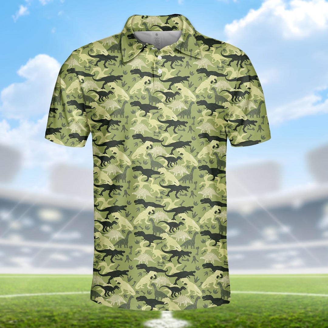 ラッセルノ Russeluno PATCH WORK CAMO POLO Dinosaur Polo Shirt for Men Women, Green Dino Camo Shirt Short