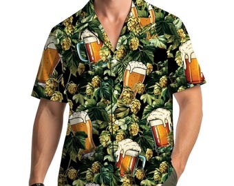 Hawaiiaans biershirt voor mannen vrouwen, grappig bierglasshirt met knopen, zomershirt met korte mouw voor bierliefhebbers, feest- en vakantievibes