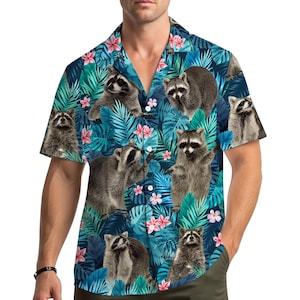 Floral Raccoon Hawaiian Shirt for Men Women Youth, Tropical Beach Shirt Button Down, Summer Animal Aloha Shirt, Raccoon Lovers Gift