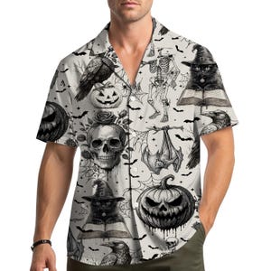 Vintage Halloween Skull Pumpkin Hawaiian Shirt Men Women Youth, Bat Black Cat Witch Shirt, Spooky Horror Button Down Aloha Shirt
