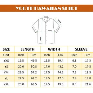Peut inclure: Un tableau des tailles pour chemise hawa&iuml;enne pour jeunes avec un dessin au trait d'une chemise &agrave; manches courtes et boutons, indiquant longueur, largeur et manches. Le tableau donne les mesures en pouces et centim&egrave;tres de YXS &agrave; YXL.